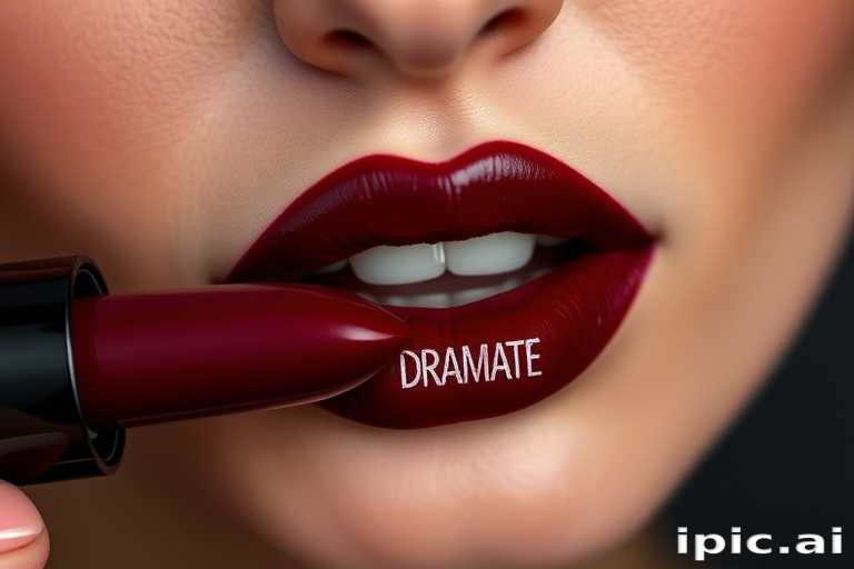 Dramatic "Crimson Noir" velvet liquid lipstick in deep burgundy, intense pigmentation with a soft-focus finish, ideal for vintage-inspired glamour