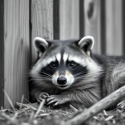 Capture a close-up shot of a raccoon resting against a wooden fence, natural lighting, shallow depth of field, f/2.8 aperture, ISO 200, 50mm lens, DSLR camera, monochrome filter applied.