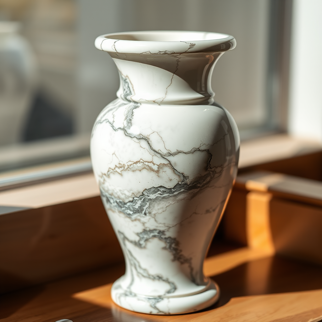 Create a high-resolution image of a marble vase with detailed textures and shadows, using a DSLR camera with a 50mm lens, aperture set to f/2.8 for a soft background blur, ISO 100 for clarity, and natural light to enhance the details and colors.