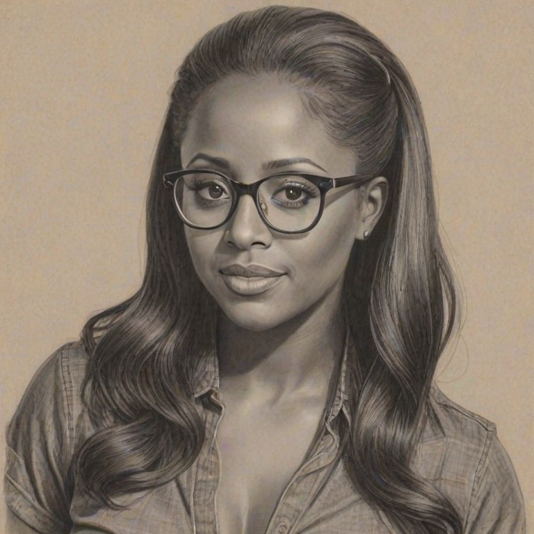 Attractive Keshia Knight Pulliam, pencil sketch, portrait of Resplendent woman 1944s in glasses, hair style beatnik, outline, clear lines, fine lines, 8k