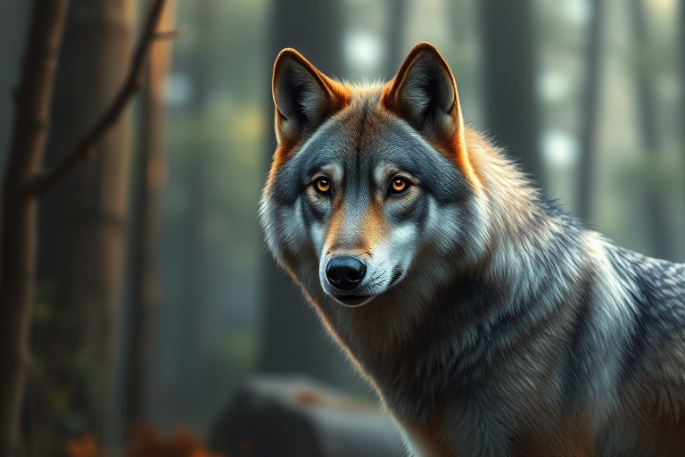 Create a highly detailed digital illustration of a realistic wolf in a forest setting, shallow depth of field, f/2.8 aperture, 50mm lens, ISO 200, natural lighting, high-resolution output.