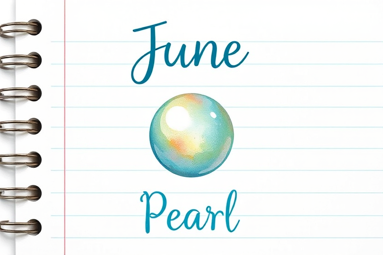 Create an illustration of a watercolor pearl centered against a lined notebook background, with the text "June" in a whimsical handwritten font at the top and "Pearl" in a playful style at the bottom, using a Canon EOS R camera with a 50mm f/1.8 lens, aperture set to f/4, ISO 200, natural soft lighting to enhance color vibrancy and details.