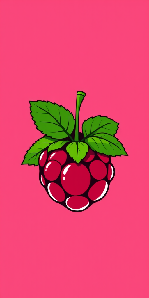 Generate a digital illustration of a raspberry with green leaves on top, set against a solid pink background.