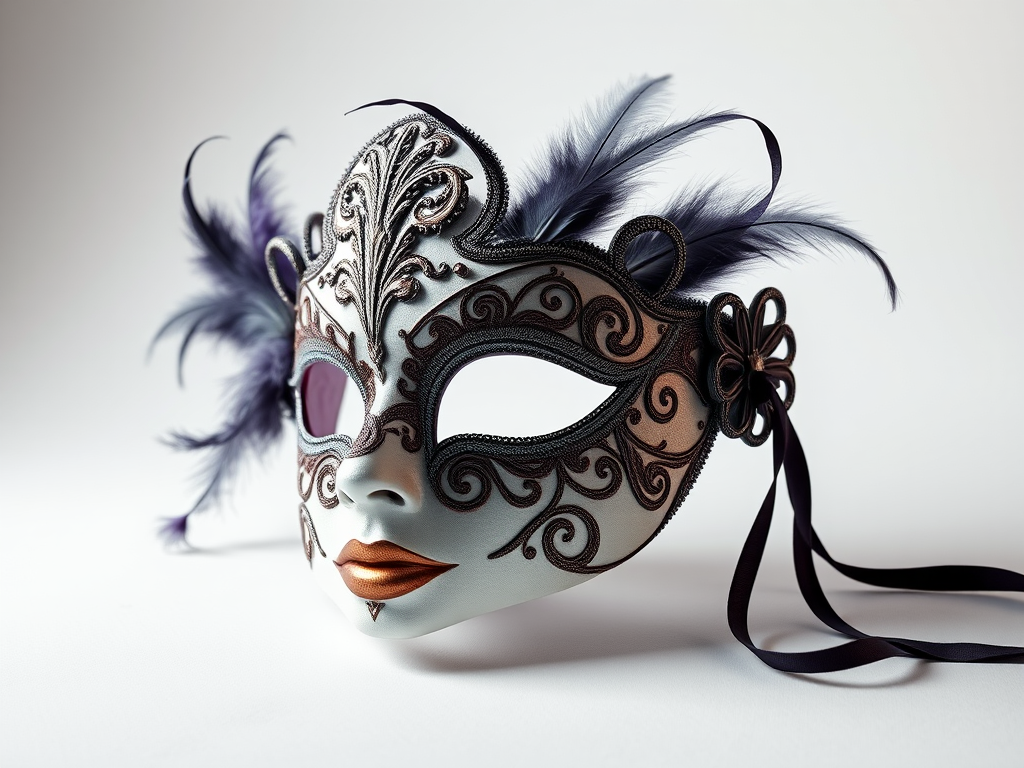 Create a detailed, high-resolution illustration of an ornate masquerade mask with intricate patterns and feathers, captured in a studio with soft, diffuse lighting, using a Canon EOS R5 camera, 50mm lens, f/2.8 aperture, ISO 100, and a 1/125 shutter speed.