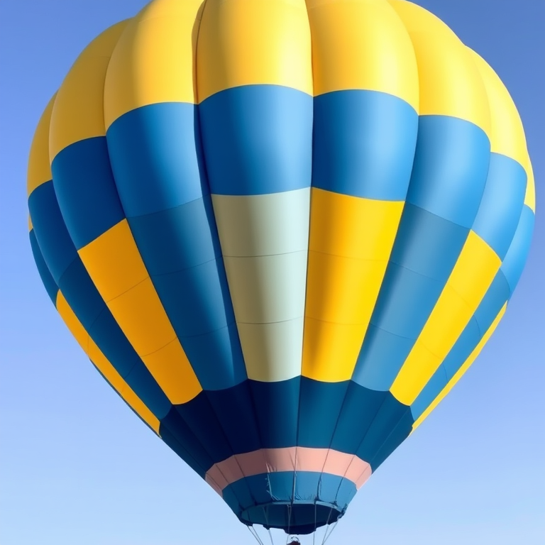 Create a vibrant and colorful illustration of a hot air balloon featuring alternating blue and yellow stripes, captured in a bright and clear daytime setting using a DSLR camera at f/8 aperture, ISO 100, and a 50mm lens to enhance image quality with a shallow depth of field.