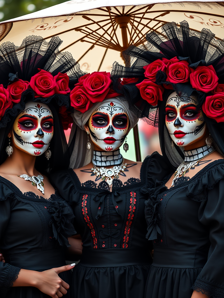 Three women in traditional Dia de los Muertos costumes with elaborate makeup and large hats adorned with red roses and black lace, standing together under a decorative parasol, captured with a Canon EOS 5D Mark IV, 50mm lens, aperture f/1.8, ISO 100, soft natural light, and a shallow depth of field for a beautifully blurred background.