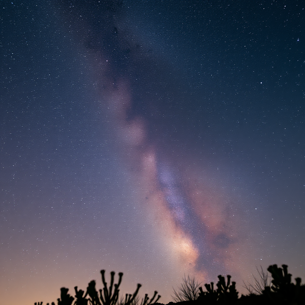Capture a detailed image of the Milky Way galaxy in a clear night sky with a Canon EOS R5, 24mm lens, f/2.8 aperture, ISO 1600, 30-second exposure, shot from a low angle to include foreground elements, using a long exposure technique to enhance star brightness.