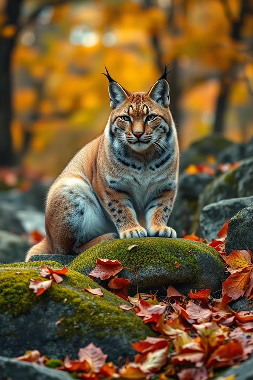 Lynx sitting on mossy rocks surrounded by autumn leaves, soft natural lighting, shallow depth of field, 85mm lens, f/1.8, ISO 200, captured with a DSLR camera, high-resolution image.