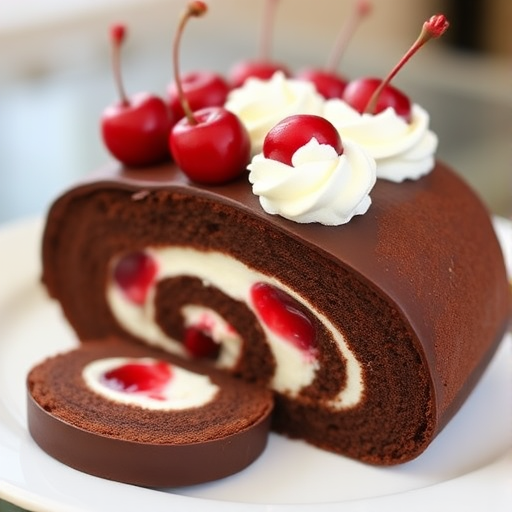 A chocolate rolled cake with a rich chocolate exterior, filled with cream and cherries, topped with whipped cream and whole cherries along the top, displayed on a white plate, with a slice cut out showing the inner filling.