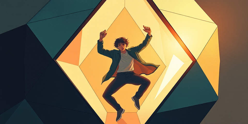 Create an illustration of a person inside a geometric crystal-like structure, featuring sharp angles and contrasting shadows, with a focus on dynamic movement and emotional expression, using a DSLR camera with a 50mm lens, f/2.8 aperture, shooting in portrait orientation under natural light for enhanced details and clarity.