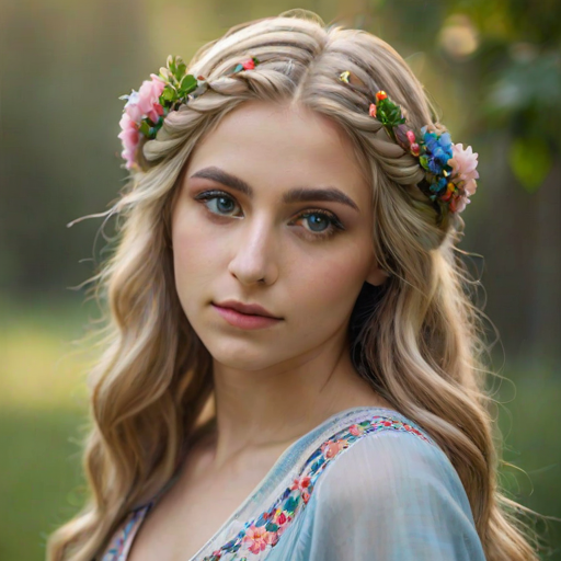 Create an image of a young Armenian woman with long, wavy blonde hair, adorned with small, colorful flowers woven into her braids and loose strands. Her complexion is fair, with soft, glowing skin, and she has light blue eyes that gaze softly at the viewer. She wears a light, flowing dress with a gentle, ethereal quality, complementing her delicate and serene appearance. The background is slightly blurred, drawing focus to her tranquil expression and the intricate details of the flowers in her hair. The overall mood of the image is one of natural beauty and grace, evoking a sense of peacefulness and connection with nature.