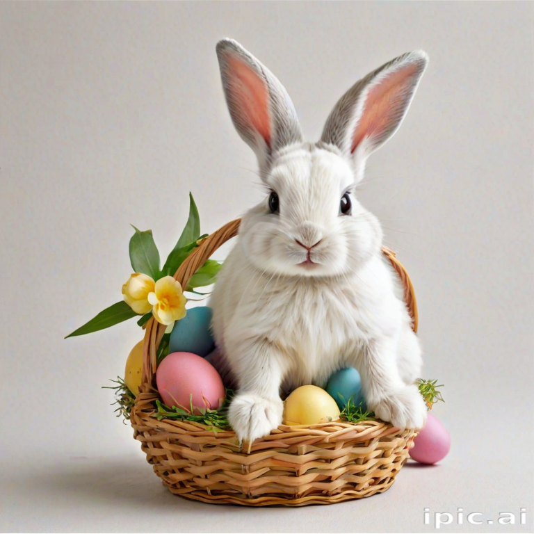 Charming White Rabbit Surrounded by Colorful Easter Eggs in a Basket