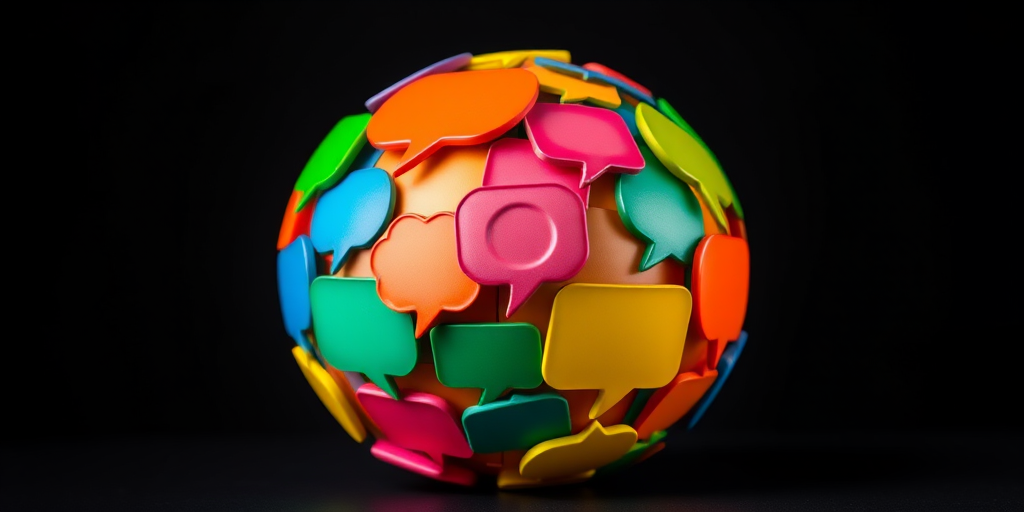 Create a vibrant 3D sphere covered in colorful speech bubbles with a glossy finish, set against a dark background, photographed using a DSLR camera with a 50mm lens, ISO 100, aperture f/1.8, and a shallow depth of field for enhanced image clarity and rich colors.