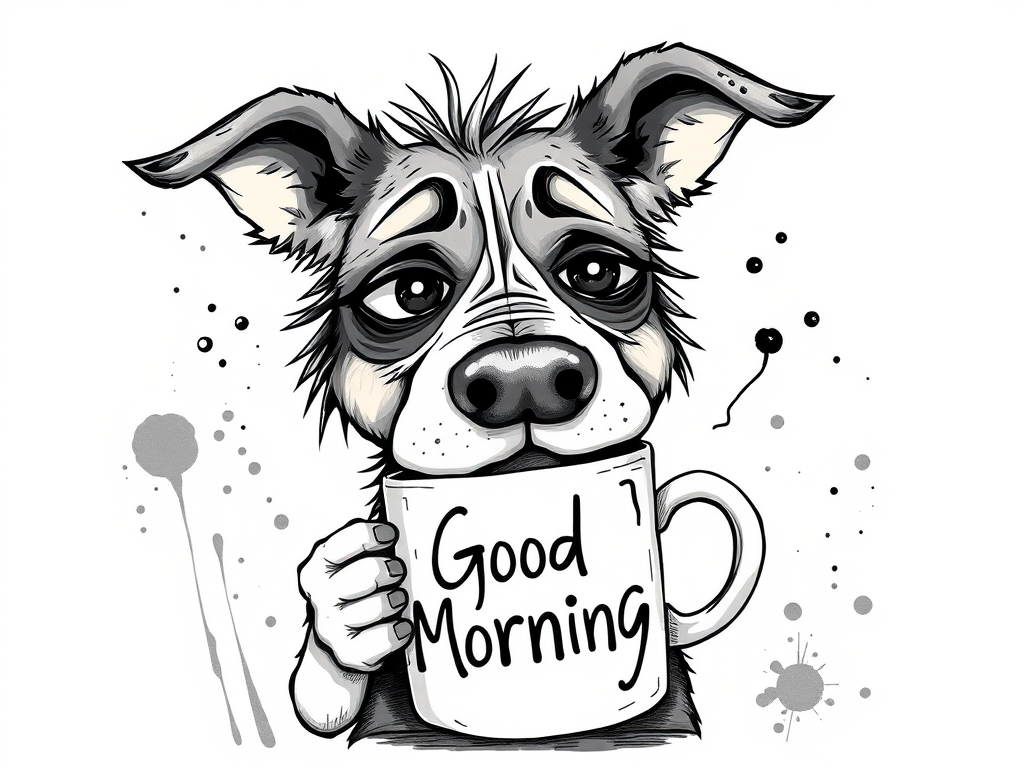A quirky, artistic illustration of a disheveled bull arab dog breed with exaggerated, large eyes and spiky fur, holding a coffee mug that reads "Good Morning". The dog has a tired but humorous expression, with ink splatters and abstract details surrounding it, giving a whimsical feel to the image. The color palette is mostly monochrome with hints of white in the eyes and steam rising from the mug, enhancing the overall sleepy vibe