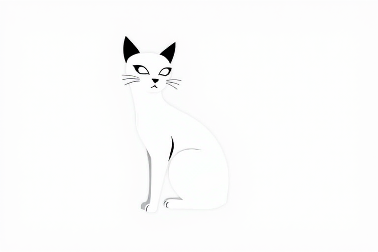 Create a minimalist black and white design featuring a stylized cat silhouette with exaggerated features, sitting elegantly against a plain background.