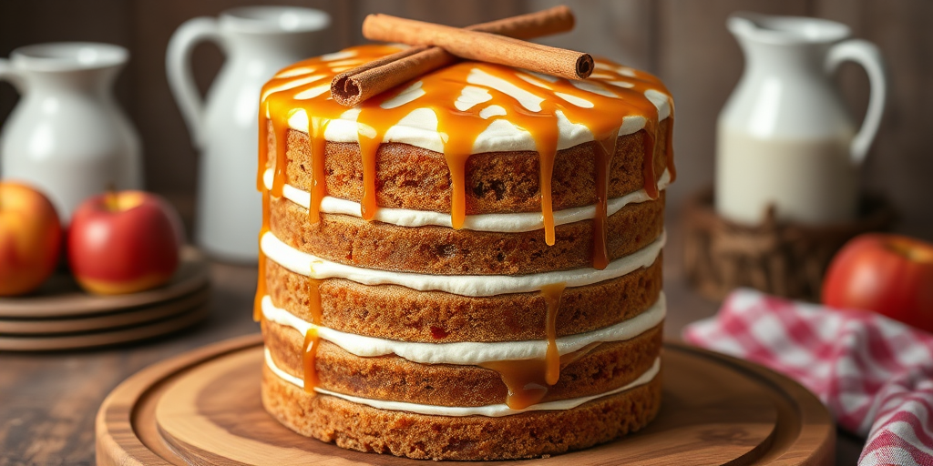 Create an image of a tall layered cake with a rustic appearance featuring alternating layers of brown cake and white frosting topped with a glossy caramel drizzle. Decorate the top with cinnamon sticks and place the cake on a wooden serving platter. In the background, include hints of apples and a decorative milk jug to enhance the cozy atmosphere.