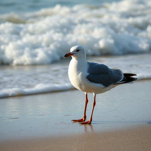 seagull standing on the beach with crashing waves in the background, shot with a Canon EOS R5, 50mm lens, f/8, 1/2000 sec, ISO 100, natural lighting, rule of thirds composition, sharp focus on the bird