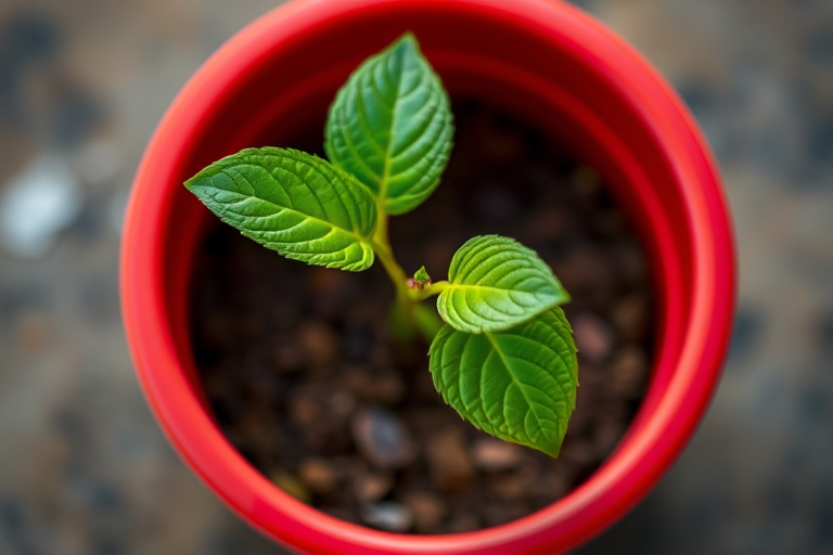 Create a high-resolution image of a green plant with two leaves in a red pot, using a macro lens at f/2.8, 50mm focal length, natural lighting, and a standardized background to enhance color contrast and detail.