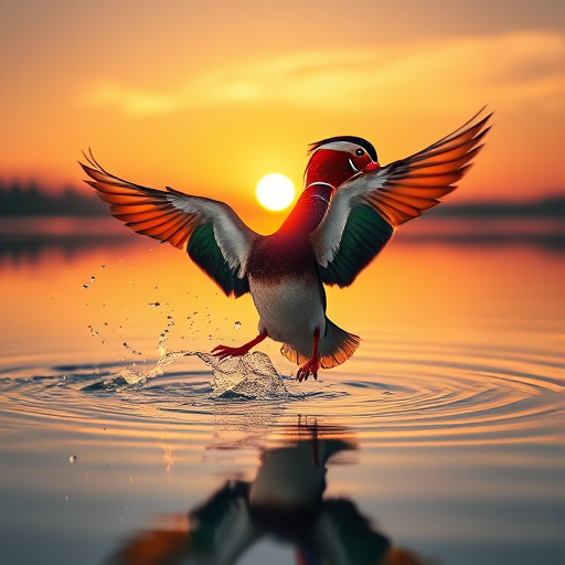 A vibrant mandarin duck in mid-flight, wings spread wide, on a calm reflective lake at sunset, with water droplets splashing around; shot with a Canon EOS 5D Mark IV, 200mm lens, f/4, ISO 400, 1/1000s, capturing a shallow depth of field for enhanced focus on the bird.