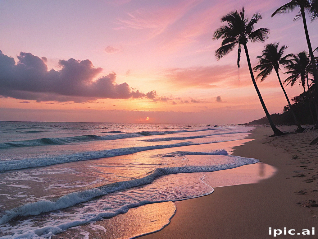 Serene Sunset Over Tranquil Beach with Palm Trees and Gentle Waves