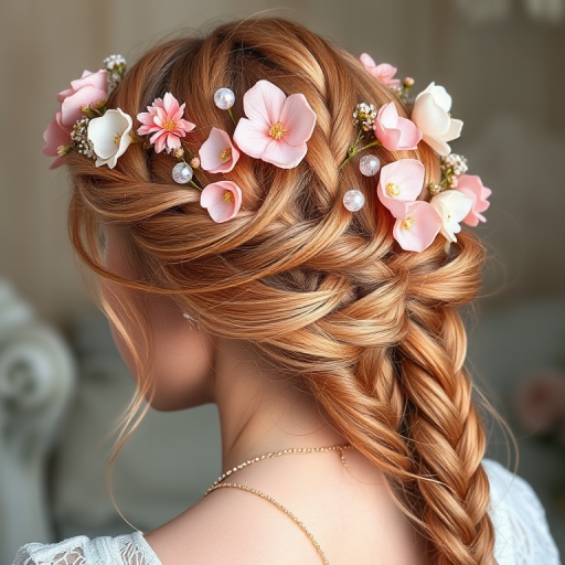 Enchanting rose gold fairy braid titled Blossom Whimsy showcasing an intricate crown braid embellished with delicate silk flowers and shimmering rose quartz beads for a romantic ethereal aesthetic