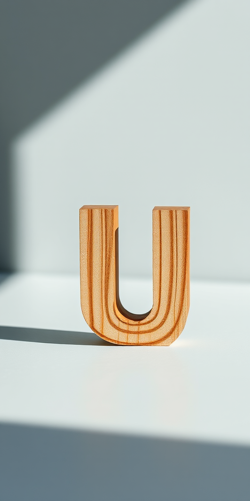 Generate a 3D wooden letter "u" with a transparent background, shot with a Canon EOS R5, 50mm lens, f/1.8 aperture, ISO 100, using soft natural lighting to enhance texture and detail.