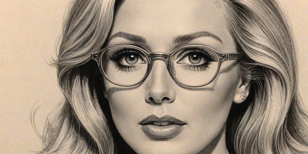 Superb Morgan Fairchild, pencil sketch, portrait of Bewitching woman 1948s in glasses, hair style beatnik, outline, clear lines, fine lines, 8k