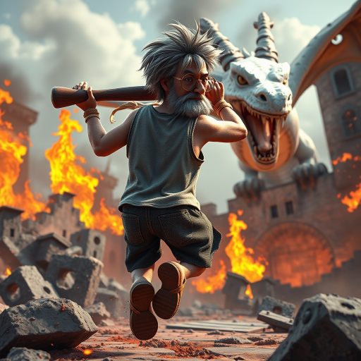 Cartoon 3D High-Resolution,dynamic battle scene using Unreal Engine 5 and Octane Render. The scene features back of an elderly, thai man with a beard,messy hair and round golden-rimmed glasses. He is wearing a tattered tank top with soot marks, shorts, and sandals. sweating. he wields a baseball bat. He jump to fight with a white fire-breathing Europe dragon amidst a partially destroyed stone castle. Include intense flames, smoke, and debris to enhance the dramatic effect.
