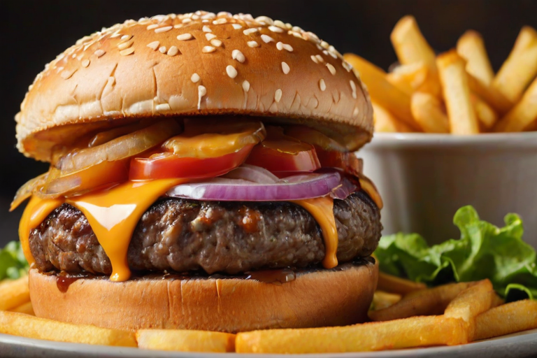 High-resolution, close-up image of a gourmet double cheeseburger. The burger features a glossy, sesame-seed-topped brioche bun. Inside, there are two thick, juicy beef patties, each topped with melted cheddar cheese. The burger is garnished with fresh lettuce, tomato slices, diced onions, and pickles. A generous amount of ketchup and a creamy, orange-colored sauce is dripping down the sides, adding to the mouth-watering appeal. In the background, there are blurred elements including a side of golden French fries and a hint of a beverage, enhancing the overall presentation of a delicious meal.