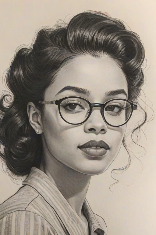 Splendid Ella Mai, pencil sketch, portrait of Ravishing woman 1939s in glasses, hair style beatnik, outline, clear lines, fine lines, 8k