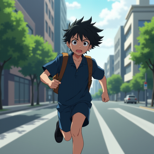In the Japanese boondocks photorealistic anime, the camera focuses on strong muscular sideview of 9 year old boy his perfect face conveys powerful mighty passion, wearing black school dress-shoes, wearing dark blue matching school uniform. he runs lightly across wide busy city street. with stoplights in backdrop, The animation highlights the dynamic of the boy's clothes and hair blowing in the wind as he moves around, wearing leather backpack,
