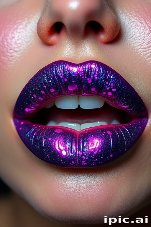 Dramatic "Galactic Nova" lip design showcases a deep space-inspired palette of purples, blues, and silvers with a high-shine, holographic finish that's out of this world