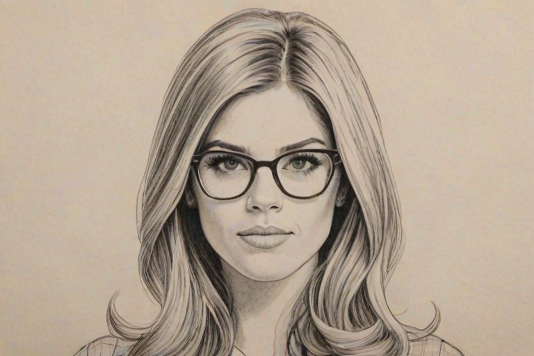 Ravishing Samantha Ponder, pencil sketch, portrait of Radiant woman 1965s in glasses, hair style beatnik, outline, clear lines, fine lines, 8k