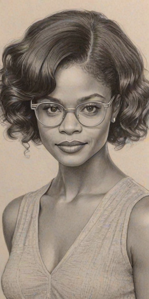Sublime Kimberly Elise, pencil sketch, portrait of Enticing woman 1925s in glasses, hair style beatnik, outline, clear lines, fine lines, 8k