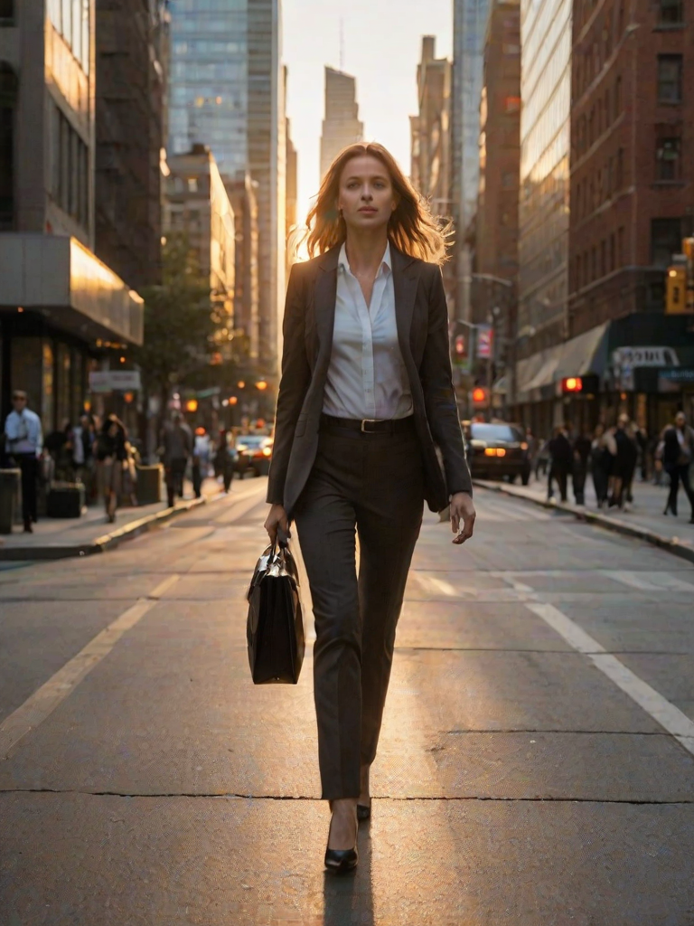 Bustling city street at sunset, the light reflecting off tall buildings, a woman in a business suit walks briskly down the sidewalk, her briefcase in hand as the city comes alive around her.