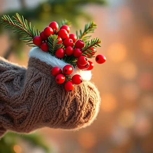 a cozy winter mitten filled with bright red berries and evergreen branches on a soft golden bokeh background, captured with a Canon EOS R5, 50mm lens, f/1.8 aperture, ISO 100, natural soft lighting