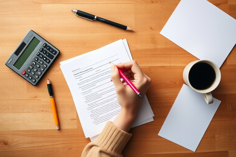 Aerial view of a wooden desk with a hand holding a pink pencil writing on a document, a calculator, a coffee cup, a pencil, and a blank sheet of paper, soft natural lighting, f/4, ISO 200, 1/60s, DSLR camera
