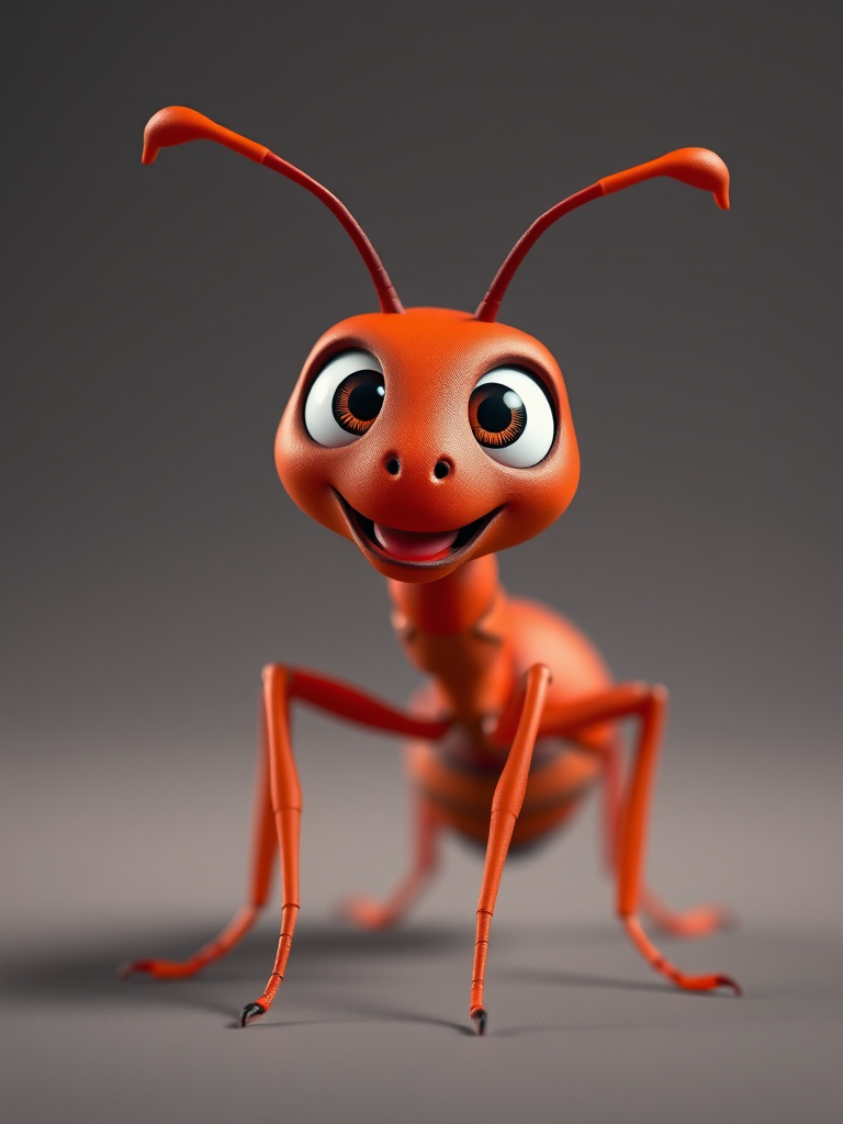 generate a vibrant 3D cartoon ant character with expressive eyes and a dynamic pose, using a full-body shot, 50mm lens, aperture f/2.8, ISO 100, soft studio lighting for enhanced detail and color saturation