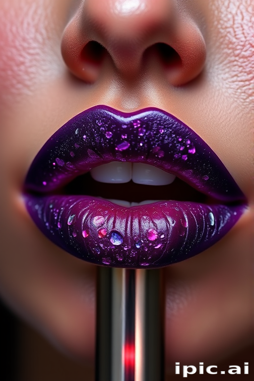 Alluring "Amethyst Aura" lipstick transforms lips with a deep purple hue and multidimensional shimmer, creating a mesmerizing, gem-like effect