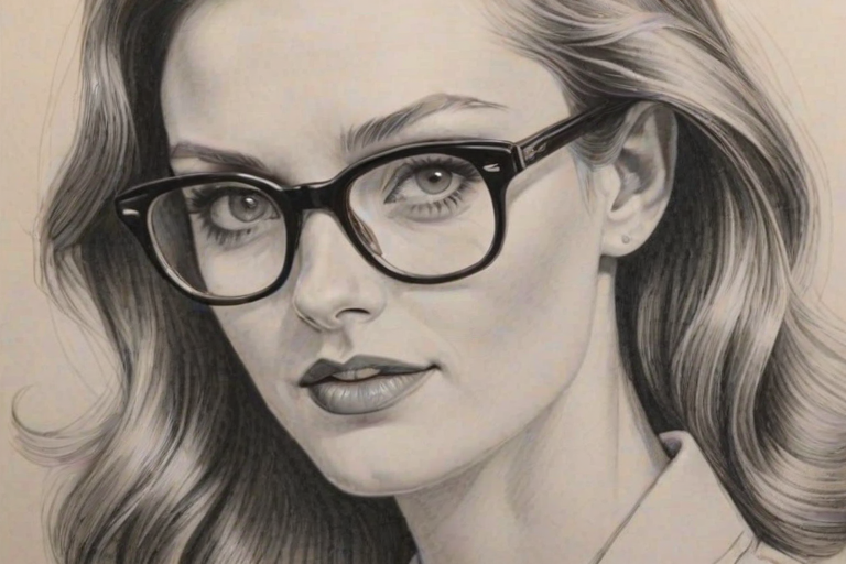 Gorgeous Lydia Hearst, pencil sketch, portrait of Comely woman 1946s in glasses, hair style beatnik, outline, clear lines, fine lines, 8k