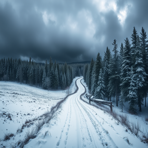 Create a serene winter landscape with a winding snow-covered path through a dense forest, dark ominous clouds above, soft diffused lighting, shot with a Canon EOS R5, 24-70mm lens, f/8 aperture, ISO 100, shutter speed 1/125 sec, in a panoramic view to enhance details.