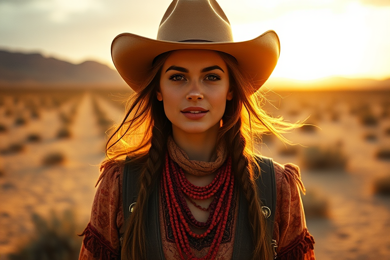 Dramatic photo of a beautiful Georgian woman, classic cowboy attire, confident and free spirit expression, half-length portrait, centered, golden hour desert landscape, warm, diffused light, low angle, medium format film camera, in style of Annie Leibovitz.