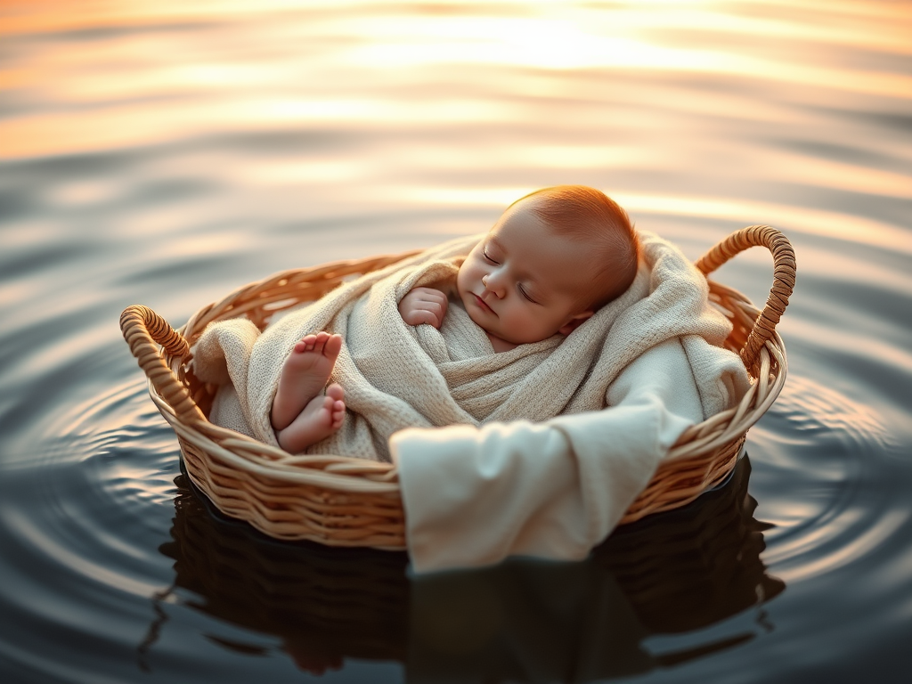 Create an ethereal scene of a peaceful baby swaddled in a soft blanket, relaxed in a woven basket floating gently on serene water during golden hour, captured with a shallow depth of field at f/2.8, ISO 100, 1/200 sec, using a DSLR camera with a 50mm lens for rich detail and warm tones.