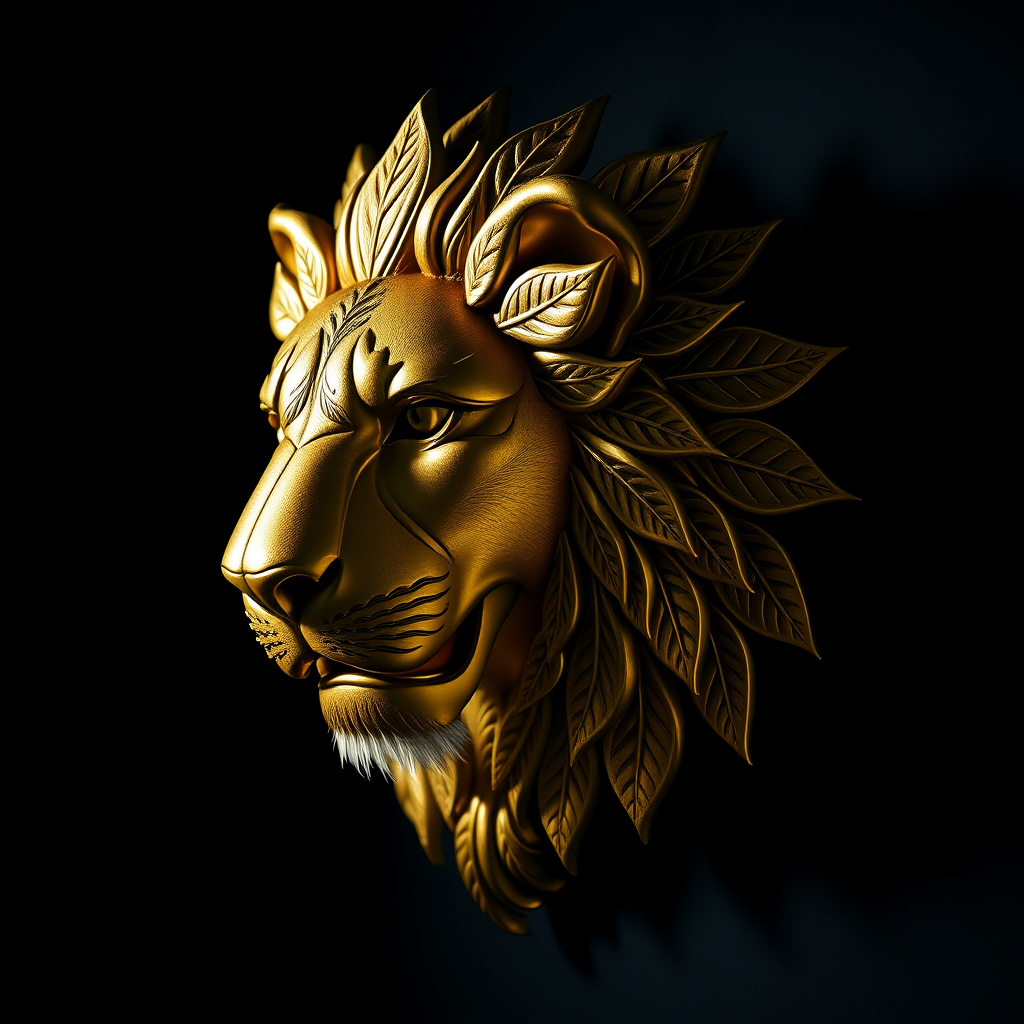 Create a high-resolution image of a stylized golden lion head with intricate leaf patterns, shot with a Canon EOS R5, 85mm f/1.2 lens, ISO 100, aperture f/2.8, in a dramatic side view with soft lighting to enhance the details and shadows.