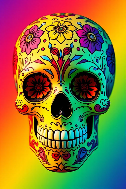 Create a vivid, colorful design of a decorated skull in a rainbow gradient with intricate floral patterns and details, captured in high resolution using a DSLR camera at f/2.8 aperture, ISO 100, 50mm lens, with a macro photography style to enhance texture and vibrancy.