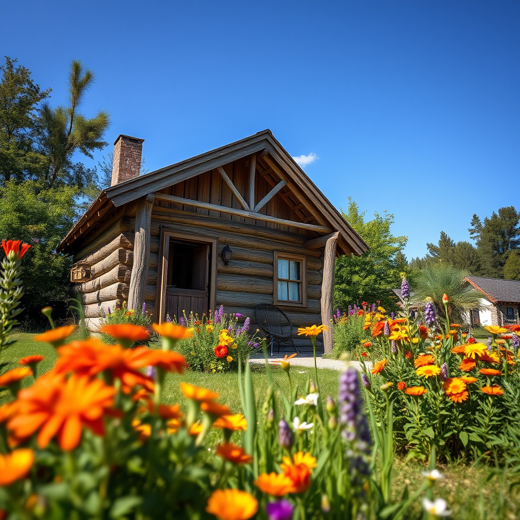 Generate an image of a rustic wooden cabin surrounded by vibrant flowers and greenery under a blue sky, shot with a DSLR camera at f/8, ISO 100, 24mm lens, soft focus background, and warm lighting.