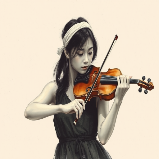 a young Asian woman with a white headband playing a violin, in the style of a charcoal drawing, sepia grunge background