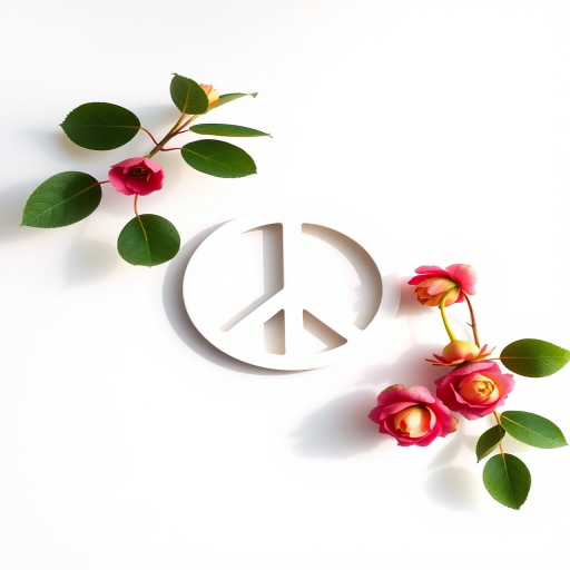 Create a high-resolution image of a peace symbol with a clean white background, using a DSLR camera with a 50mm lens, aperture set to f/1.8, ISO 100, and natural lighting for enhanced contrast and detail.