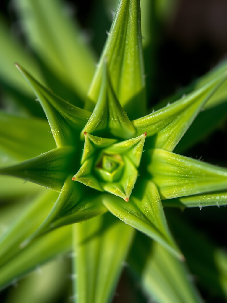 macro photograph of a star-shaped green plant with sharp edges, shallow depth of field, 100mm macro lens, f/2.8, ISO 200, natural light, taken from a low angle for emphasis on detail, DSLR camera