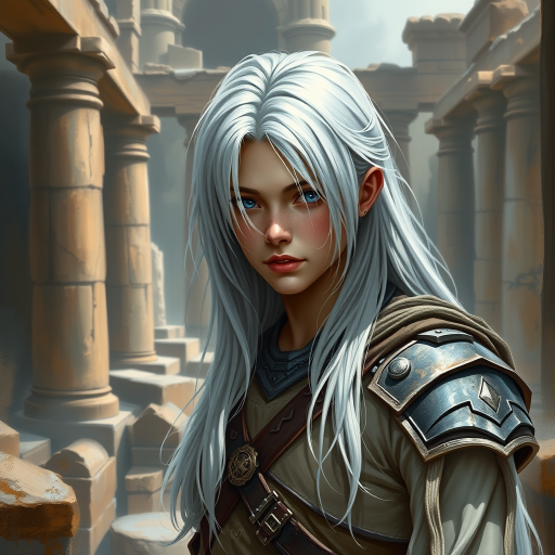 Create a highly detailed digital painting of a warrior with silver hair and blue eyes standing in an ancient ruins background, using a DSLR camera with 50mm lens, f/1.8 aperture, ISO 100, and soft natural lighting for depth and clarity.
